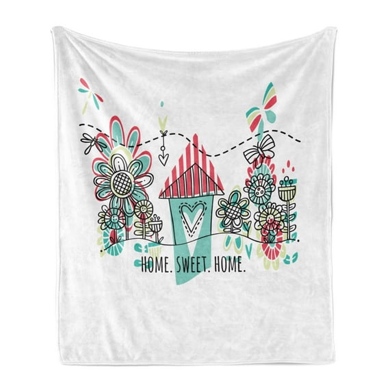 Saying Soft Flannel Fleece Throw Blanket, Doodle Style House with Heart Shape and Garden Blooming Flowers Butterflies, Cozy Plush for Indoor and Outdoor Use, 70" x 90", Multicolor, by Ambesonne