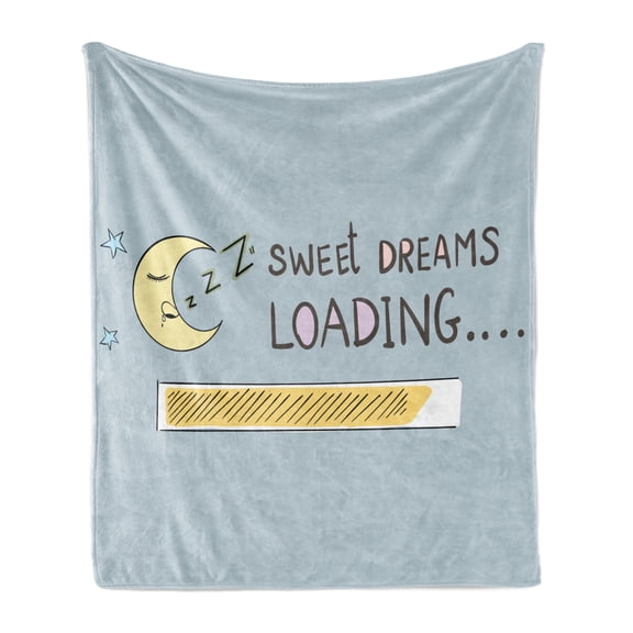Saying Soft Flannel Fleece Throw Blanket, Dreams Loading Concept with Progress Bar Design and Funny Moon Asleep, Cozy Plush for Indoor and Outdoor Use, 50" x 60", Multicolor, by Ambesonne