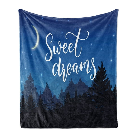 Saying Soft Flannel Fleece Throw Blanket, Dreams Night Wish Typography over the Landscape with Trees Silhouettes, Cozy Plush for Indoor and Outdoor Use, 50" x 60", Multicolor, by Ambesonne