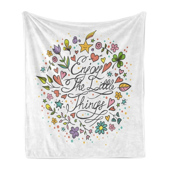 Saying Soft Flannel Fleece Throw Blanket, Enjoy the Little Things Message with Tiny Flowers Stars and Hearts, Cozy Plush for Indoor and Outdoor Use, 70" x 90", Multicolor, by Ambesonne