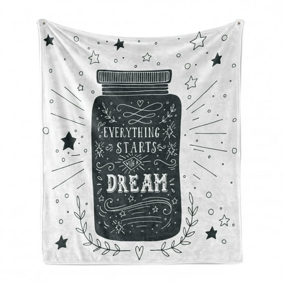 Saying Soft Flannel Fleece Throw Blanket, Everything Stars with a Dream on a Jar with Circles and Stars Background, Cozy Plush for Indoor and Outdoor Use, 50" x 70", Charcoal Grey White, by Ambesonne