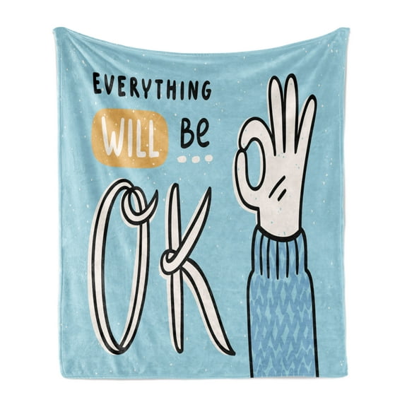 Saying Soft Flannel Fleece Throw Blanket, Everything Will Be Okey Text Cartoon Hand Making a OK Gesture, Cozy Plush for Indoor and Outdoor Use, 60" x 80", Pale Blue Pale Orange, by Ambesonne