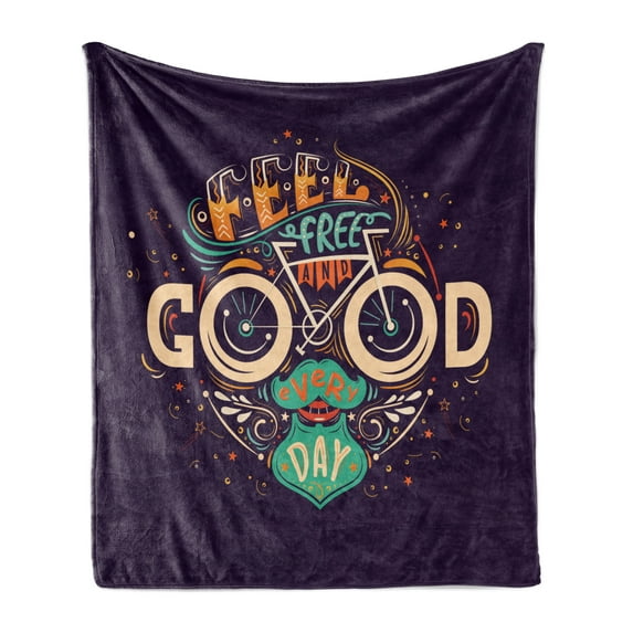 Saying Soft Flannel Fleece Throw Blanket, Feel Free and Every Day in a Shape of Human Face with Mustache Beard Bicycle, Cozy Plush for Indoor and Outdoor Use, 50" x 70", Multicolor, by Ambesonne