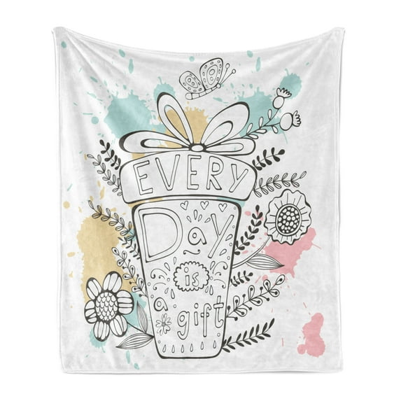 Saying Soft Flannel Fleece Throw Blanket, Floral Design with Splashed and Every Day is a Gift Lettering on Box, Cozy Plush for Indoor and Outdoor Use, 70" x 90", Multicolor, by Ambesonne