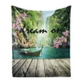 thumbnail image 1 of Saying Soft Flannel Fleece Throw Blanket, Floral Dream on Lettering with Pier and Boat in Paradise Nature Landscape Scene, Cozy Plush for Indoor and Outdoor Use, 70" x 90", Multicolor, by Ambesonne, 1 of 5