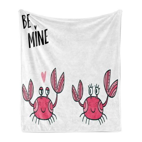 Saying Soft Flannel Fleece Throw Blanket, Funky Cartoon Illustration of Tiny Crab Couple with Be Mine Message, Cozy Plush for Indoor and Outdoor Use, 50" x 70", Magenta Pale Pink Black, by Ambesonne