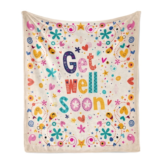 Saying Soft Flannel Fleece Throw Blanket, Get Well Soon Inspirational Positive Message Wish Cartoon Flowers Cheerful, Cozy Plush for Indoor and Outdoor Use, 50" x 70", Multicolor, by Ambesonne