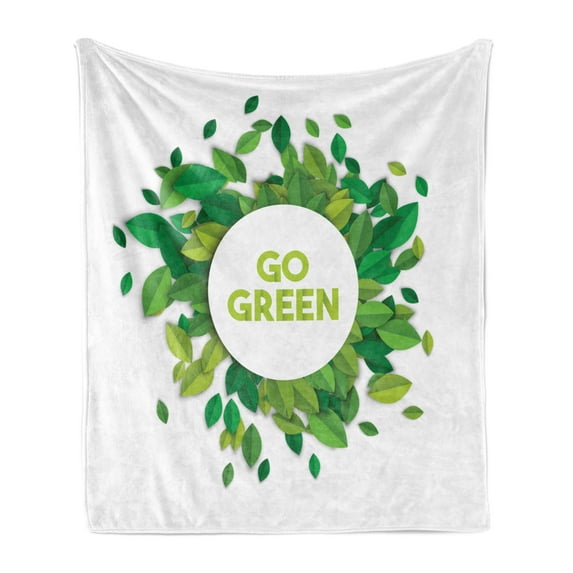 Saying Soft Flannel Fleece Throw Blanket, Go Green Text Inside a White Circle with Leaves Eco Awareness, Cozy Plush for Indoor and Outdoor Use, 70" x 90", Apple Green Fern Green, by Ambesonne