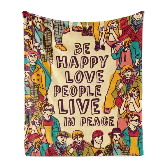 Saying Soft Flannel Fleece Throw Blanket, Group People Illustration Be Happy Love People Live in Peace Phrase, Cozy Plush for Indoor and Outdoor Use, 70" x 90", Multicolor, by Ambesonne