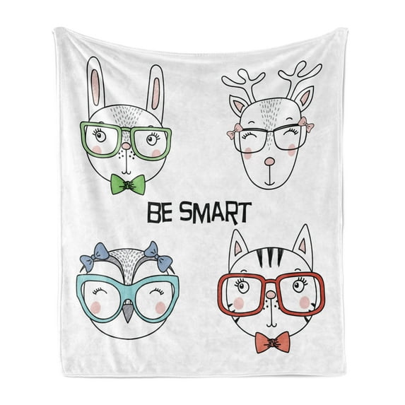 Saying Soft Flannel Fleece Throw Blanket, Hand Drawn Funny Portraits of Cat Bunny Reindeer and Owl in Glasses Be Smart Text, Cozy Plush for Indoor and Outdoor Use, 70" x 90", Multicolor, by Ambesonne