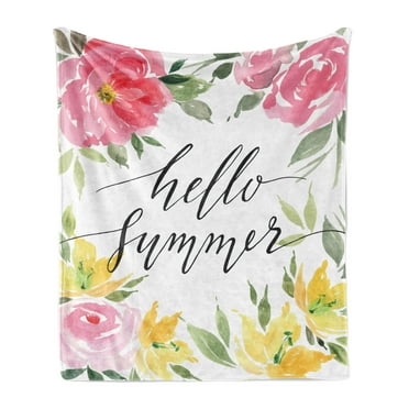 Saying Soft Flannel Fleece Throw Blanket, Hand Lettering Hello Summer Message Watercolor Style Blossoming Seasonal Flowers, Cozy Plush for Indoor and Outdoor Use, 70" x 90", Multicolor, by Ambesonne
