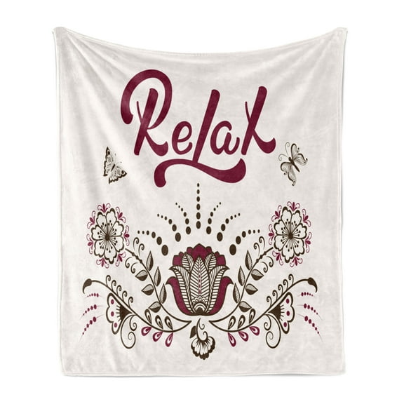 Saying Soft Flannel Fleece Throw Blanket, Hand-drawn Lettering Relax Message with Traditional Ornamental Floral Style, Cozy Plush for Indoor and Outdoor Use, 50" x 70", Multicolor, by Ambesonne