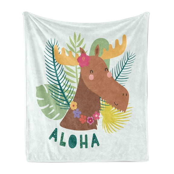 Saying Soft Flannel Fleece Throw Blanket, Happy Cartoon Design Flourish Moose on Exotic Leaves and Aloha Typography, Cozy Plush for Indoor and Outdoor Use, 60" x 80", Multicolor, by Ambesonne