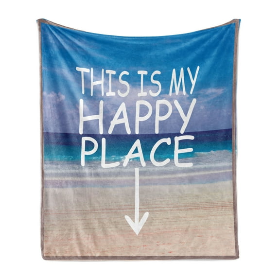 Saying Soft Flannel Fleece Throw Blanket, This is My Happy Place Typography on Ocean Horizon with Sky and Sandy Beach Print, Cozy Plush for Indoor and Outdoor Use, 50" x 70", Multicolor, by Ambesonne