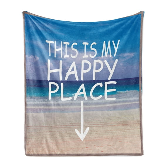Saying Soft Flannel Fleece Throw Blanket, This is My Happy Place Typography on Ocean Horizon with Sky and Sandy Beach Print, Cozy Plush for Indoor and Outdoor Use, 50" x 70", Multicolor, by Ambesonne