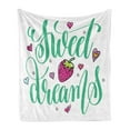 thumbnail image 1 of Saying Soft Flannel Fleece Throw Blanket, Hearts with Strawberry Doodle Style Drawing Calligraphic Hand Drawn Words, Cozy Plush for Indoor and Outdoor Use, 50" x 60", Multicolor, by Ambesonne, 1 of 5