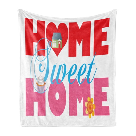Saying Soft Flannel Fleece Throw Blanket, House Cupcake and Flower on Words with a Heart Shape Real Estate Property, Cozy Plush for Indoor and Outdoor Use, 60" x 80", Multicolor, by Ambesonne