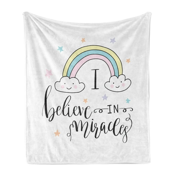 Saying Soft Flannel Fleece Throw Blanket, I Believe in Miracles Calligraphy Clouds Rainbow, Cozy Plush for Indoor and Outdoor Use, 70" x 90", White Multicolor, by Ambesonne