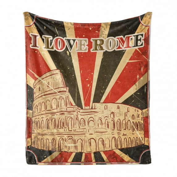 Saying Soft Flannel Fleece Throw Blanket, I Love Rome Lettering with Circus Tent and Bold Stripes Print, Cozy Plush for Indoor and Outdoor Use, 60" x 80", Red Dark Green and White, by Ambesonne