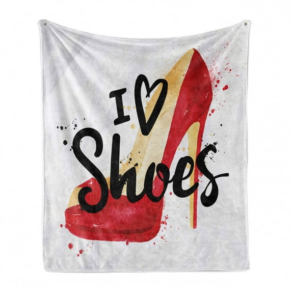Saying Soft Flannel Fleece Throw Blanket, I Love Shoes Typography with a High Heel Drawing with Blemishes, Cozy Plush for Indoor and Outdoor Use, 70" x 90", Vermilion and Charcoal Grey, by Ambesonne