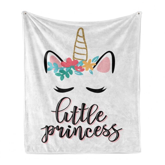 Saying Soft Flannel Fleece Throw Blanket, Illustration of Little Princess Words with Colorful Unicorn Outline Girly, Cozy Plush for Indoor and Outdoor Use, 50" x 70", Multicolor, by Ambesonne