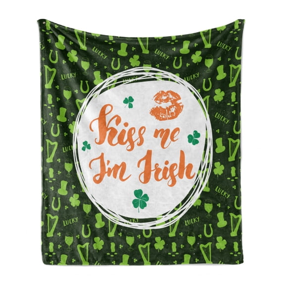 Saying Soft Flannel Fleece Throw Blanket, Kiss Me I am Irish Text with Lips and Clovers St Patricks Day, Cozy Plush for Indoor and Outdoor Use, 50" x 60", Apple Green Dark Green, by Ambesonne