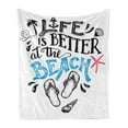 thumbnail image 1 of Saying Soft Flannel Fleece Throw Blanket, Life is Better at the Beach Lettering with Flip Flop, Cozy Plush for Indoor and Outdoor Use, 50" x 70", Magenta Azure Blue, by Ambesonne, 1 of 5