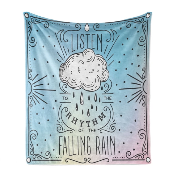 Saying Soft Flannel Fleece Throw Blanket, Listen to the Rhythm of the Falling Rain Lettering with Doodle Ornates and Clouds, Cozy Plush for Indoor and Outdoor Use, 50" x 70", Multicolor, by Ambesonne