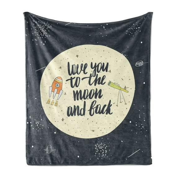 Saying Soft Flannel Fleece Throw Blanket, Love You to the Moon and Back Doodle Galaxy Cosmos, Cozy Plush for Indoor and Outdoor Use, 70" x 90", Eggshell Dark Slate Blue, by Ambesonne