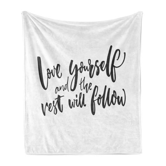 Saying Soft Flannel Fleece Throw Blanket, Love Yourself and the Rest Will Follow Phrase Wisdom Words, Cozy Plush for Indoor and Outdoor Use, 60" x 80", Charcoal Grey White, by Ambesonne