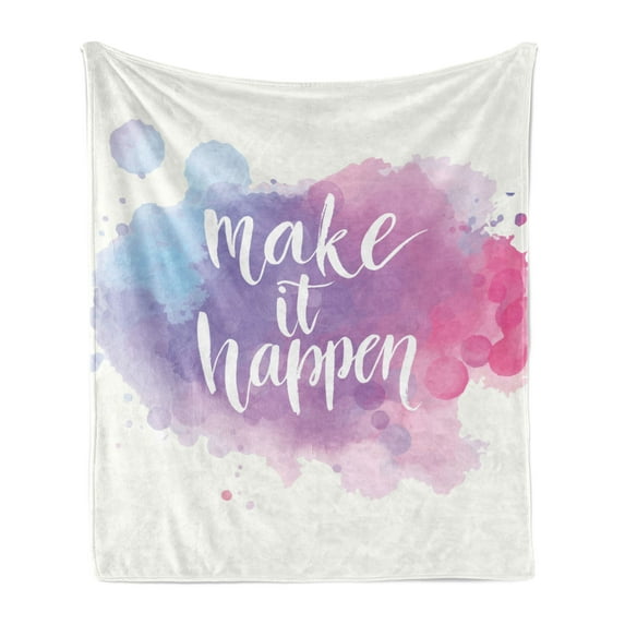 Saying Soft Flannel Fleece Throw Blanket, Make It Happen Calligraphic Lettering on Soft Pastel Color Splash Cloud, Cozy Plush for Indoor and Outdoor Use, 50" x 70", Pale Blue Pink Lilac, by Ambesonne