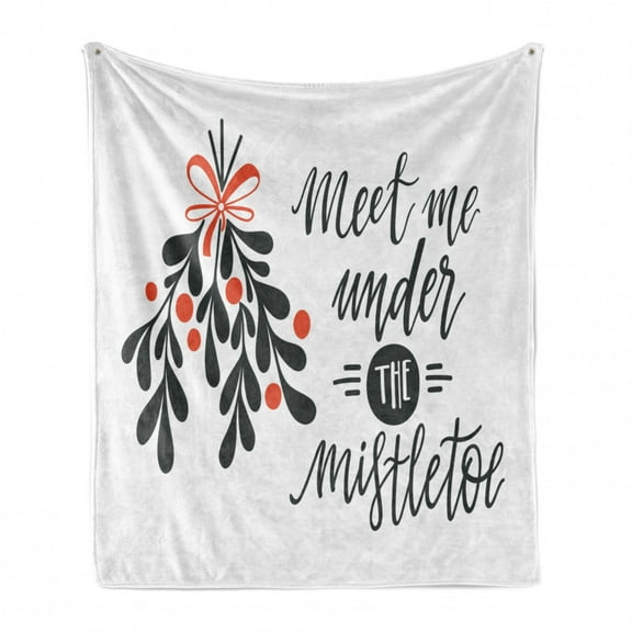 Saying Soft Flannel Fleece Throw Blanket, Meet Me Under the Mistletoe Christmas Themed Modern Phrase Floral, Cozy Plush for Indoor and Outdoor Use, 50" x 60", Charcoal Grey Vermilion, by Ambesonne