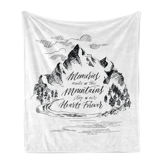 Saying Soft Flannel Fleece Throw Blanket, Memories Made in the Mountains Stay in Our Hearts Forever Words Sketch Landscape, Cozy Plush for Indoor and Outdoor Use, 50" x 60", Black White, by Ambesonne