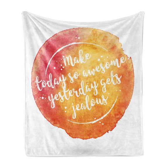 Saying Soft Flannel Fleece Throw Blanket, Message on Grunge Vibrant Background Happiness, Cozy Plush for Indoor and Outdoor Use, 50" x 70", Dark Coral Orange Yellow, by Ambesonne