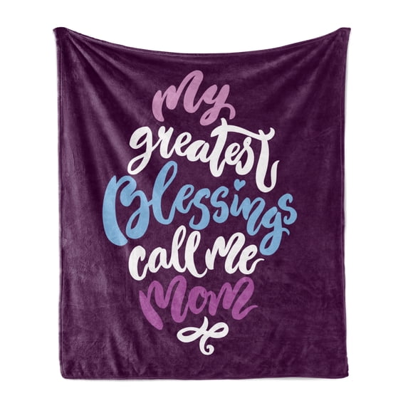 Saying Soft Flannel Fleece Throw Blanket, My Greatest Blessings Call Me Mom Message on Purple Toned Background, Cozy Plush for Indoor and Outdoor Use, 60" x 80", Purple Blue and Cream, by Ambesonne