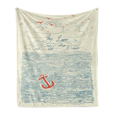 Saying Soft Flannel Fleece Throw Blanket, My Love Deep as the Ocean Text Sketchy Sea Clouds Birds and Anchor, Cozy Plush for Indoor and Outdoor Use, 60" x 80", Vermilion Blue Beige, by Ambesonne