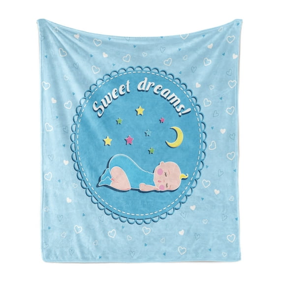 Saying Soft Flannel Fleece Throw Blanket, Newborn Baby Sleeping with Colorful Stars and Moon on Heart Filled Background, Cozy Plush for Indoor and Outdoor Use, 50" x 60", Multicolor, by Ambesonne