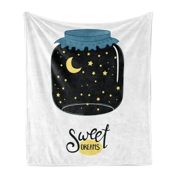 Saying Soft Flannel Fleece Throw Blanket, Night Sky in a Bottle with Hand Drawn Moon and Stars in a Jar, Cozy Plush for Indoor and Outdoor Use, 70" x 90", Slate Blue Dark Blue, by Ambesonne