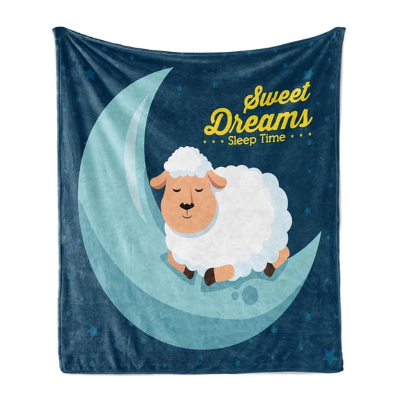 Saying Soft Flannel Fleece Throw Blanket, Night Sky Illustration with Sheep Sleeping on the Moon Star Filled Background, Cozy Plush for Indoor and Outdoor Use, 60" x 80", Multicolor, by Ambesonne