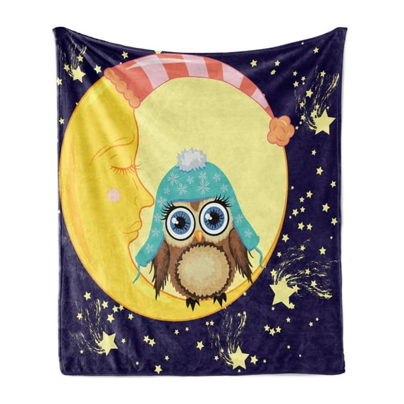 Saying Soft Flannel Fleece Throw Blanket, Nursery Themed Cartoon of Owl and Moon with Hats on Starry Night, Cozy Plush for Indoor and Outdoor Use, 60" x 80", Multicolor, by Ambesonne