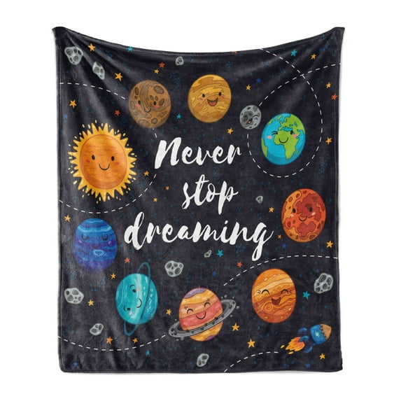 Saying Soft Flannel Fleece Throw Blanket, Outer Space Planets Star Cluster Solar System Moon Comets Sun Cosmos Illustration, Cozy Plush for Indoor and Outdoor Use, 50" x 60", Multicolor, by Ambesonne