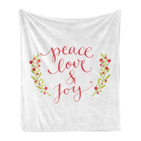 Saying Soft Flannel Fleece Throw Blanket, Peace Love and Joy Calligraphic Xmas Text with Winter Berries Wreath, Cozy Plush for Indoor and Outdoor Use, 50" x 70", Dark Coral Yellow Green, by Ambesonne