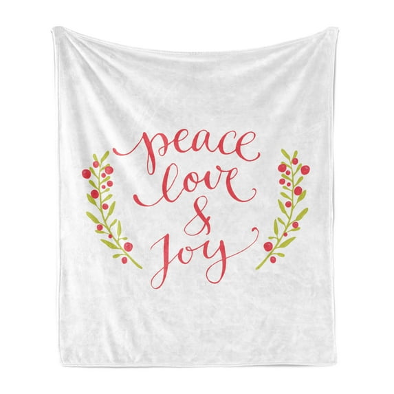 Saying Soft Flannel Fleece Throw Blanket, Peace Love and Joy Calligraphic Xmas Text with Winter Berries Wreath, Cozy Plush for Indoor and Outdoor Use, 60" x 80", Dark Coral Yellow Green, by Ambesonne