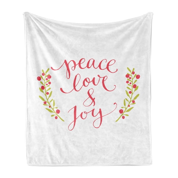 Saying Soft Flannel Fleece Throw Blanket, Peace Love and Joy Calligraphic Xmas Text with Winter Berries Wreath, Cozy Plush for Indoor and Outdoor Use, 70" x 90", Dark Coral Yellow Green, by Ambesonne