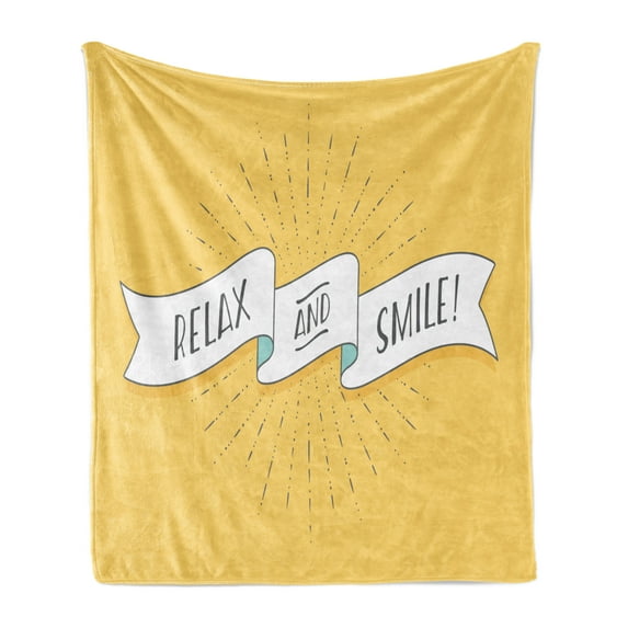 Saying Soft Flannel Fleece Throw Blanket, Positive Vivid Color Vintage Design Relax and Smile Message, Cozy Plush for Indoor and Outdoor Use, 50" x 70", Mustard Black White, by Ambesonne