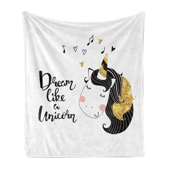 Saying Soft Flannel Fleece Throw Blanket, Print of Dream Like a Unicorn Calligraphy with Music Horned Horse, Cozy Plush for Indoor and Outdoor Use, 50" x 60", Yellow and Charcoal Grey, by Ambesonne