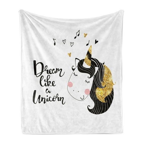 Saying Soft Flannel Fleece Throw Blanket, Print of Dream Like a Unicorn Calligraphy with Music Horned Horse, Cozy Plush for Indoor and Outdoor Use, 60" x 80", Yellow and Charcoal Grey, by Ambesonne