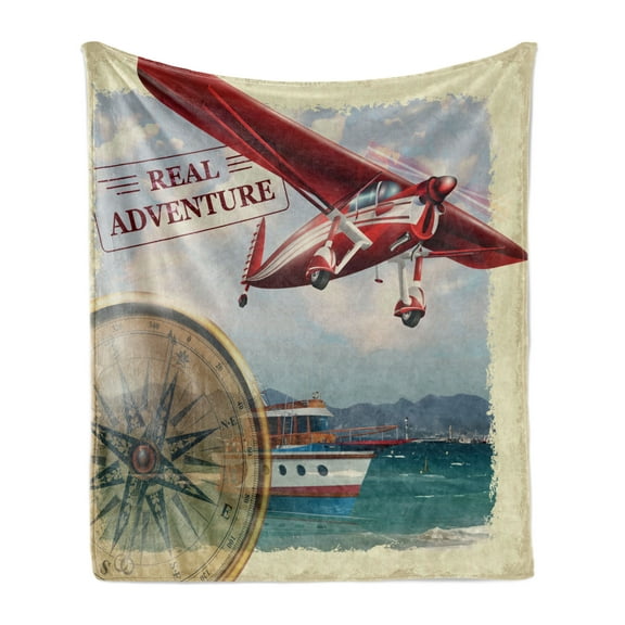 Saying Soft Flannel Fleece Throw Blanket, Real Adventure Words Coastline and a Red Airplane Journey Travel Themed Art, Cozy Plush for Indoor and Outdoor Use, 50" x 70", Multicolor, by Ambesonne
