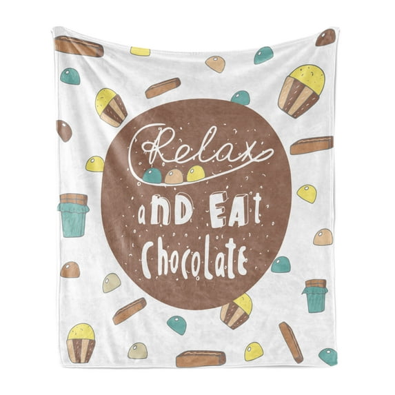 Saying Soft Flannel Fleece Throw Blanket, Relax and Eat Chocolate Message Tea Time Delicious Desserts Concept with Cupcakes, Cozy Plush for Indoor and Outdoor Use, 50" x 60", Multicolor, by Ambesonne