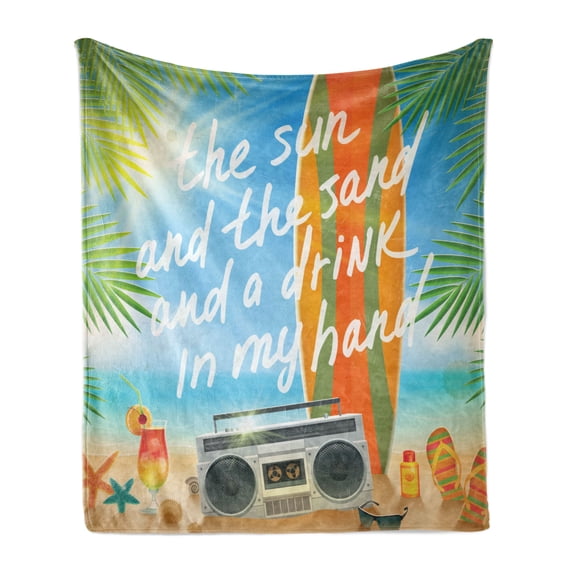 Saying Soft Flannel Fleece Throw Blanket, Retro Design Tropical Beach with Surfboard Palm Leaves Flip Flops and Sunglasses, Cozy Plush for Indoor and Outdoor Use, 50" x 60", Multicolor, by Ambesonne